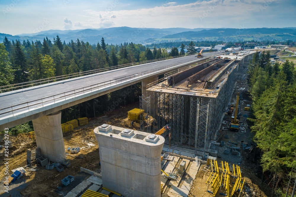 Aerial drone view on highway road under construction.
