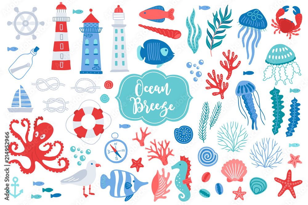 Obraz premium Set of ocean design elements - lighthouse, fish, shell, seaweed, jellyfish