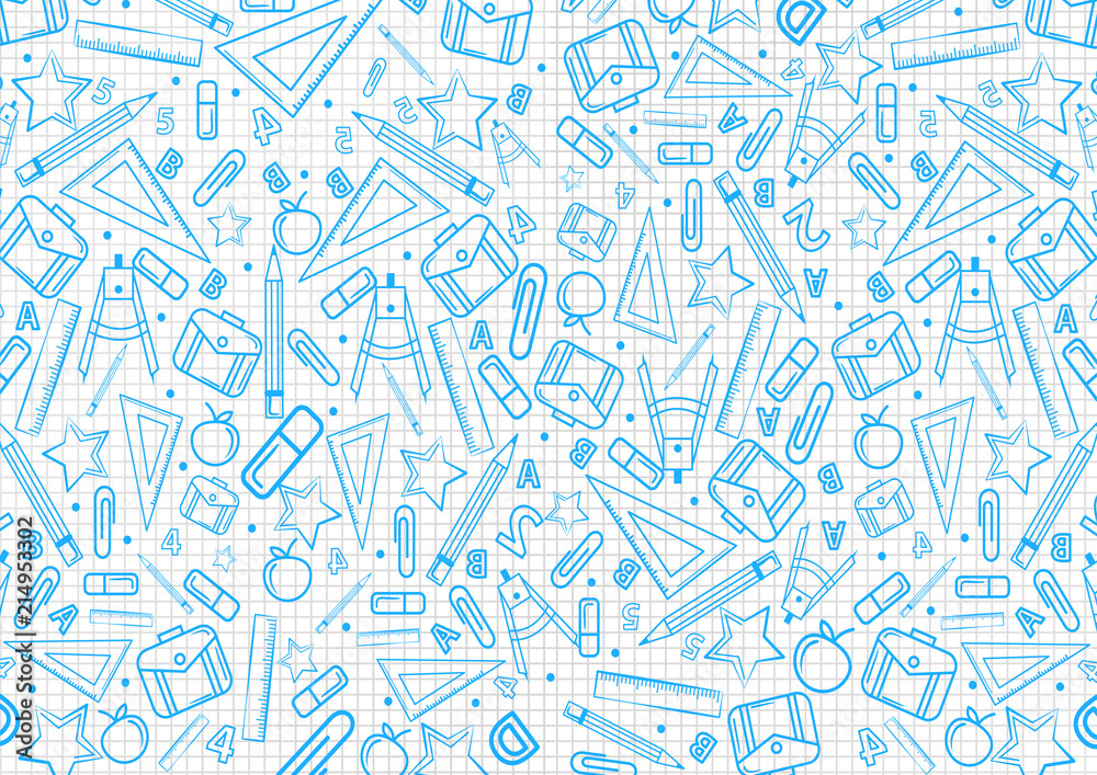 Back to school concept pattern on notebook with blue school things illustrations . Vector illustration design background . Back to school concept pattern on notebook with blue school things illustrations . Vector illustration design background .