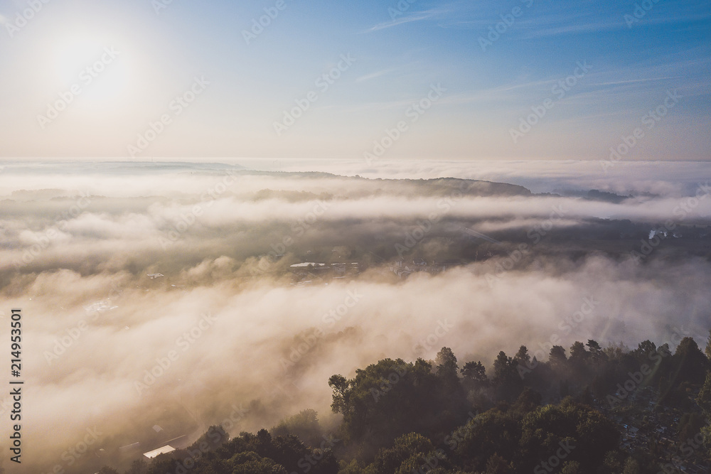 Aerial view foggy morning