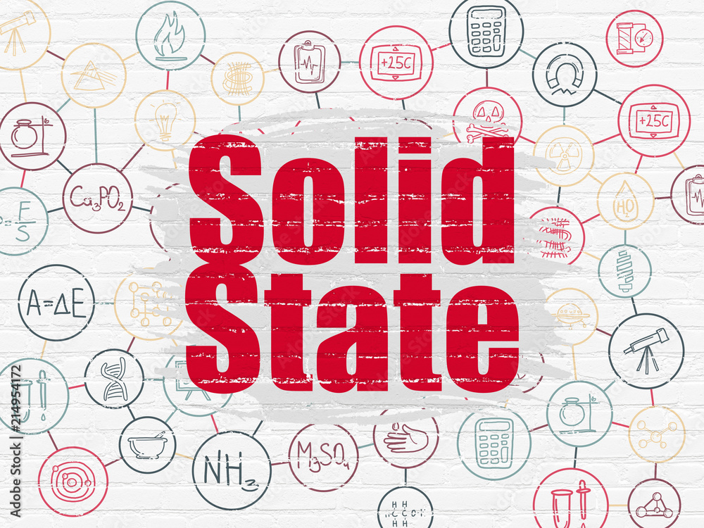 Science concept: Painted red text Solid State on White Brick wall background with Scheme Of Hand Drawn Science Icons Science concept: Painted red text Solid State on White Brick wall background with Scheme Of Hand Drawn Science Icons
