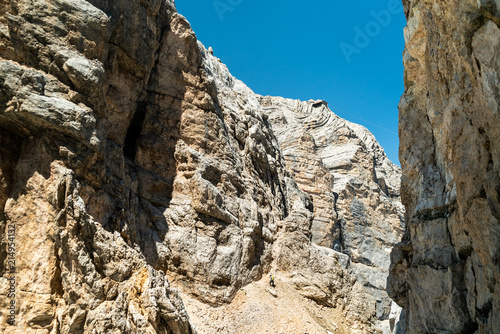 Tofana di Mezzo Via Ferrata in Cortina d'Ampezzo Dolomites. Cabin Cable car Station, View from Punta Anna via ferrata. Big rocky mountains in Dolomites, Italy. Climbing on the rocks in the mountains