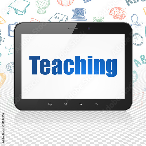 Learning concept: Tablet Computer with  blue text Teaching on display,  Hand Drawn Education Icons background, 3D rendering