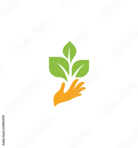 Orange hand with green leaves. Sprout, new life. Nature element logotype. Agricultural organic product sign. Harvesting vector illustration