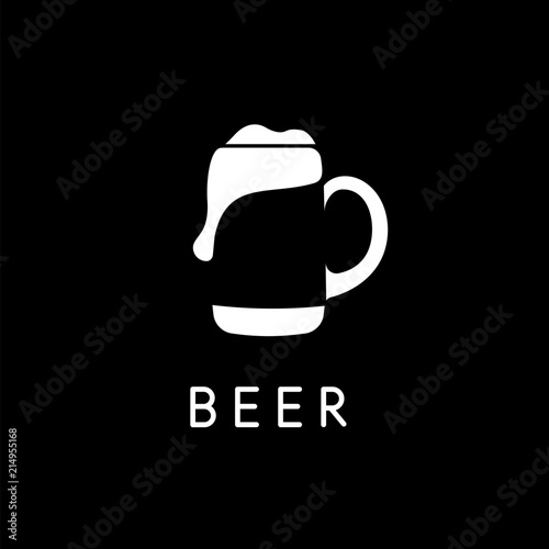 Beer mug with beer, negative space logo template, white silhouette on black background. Vector bar logotype.