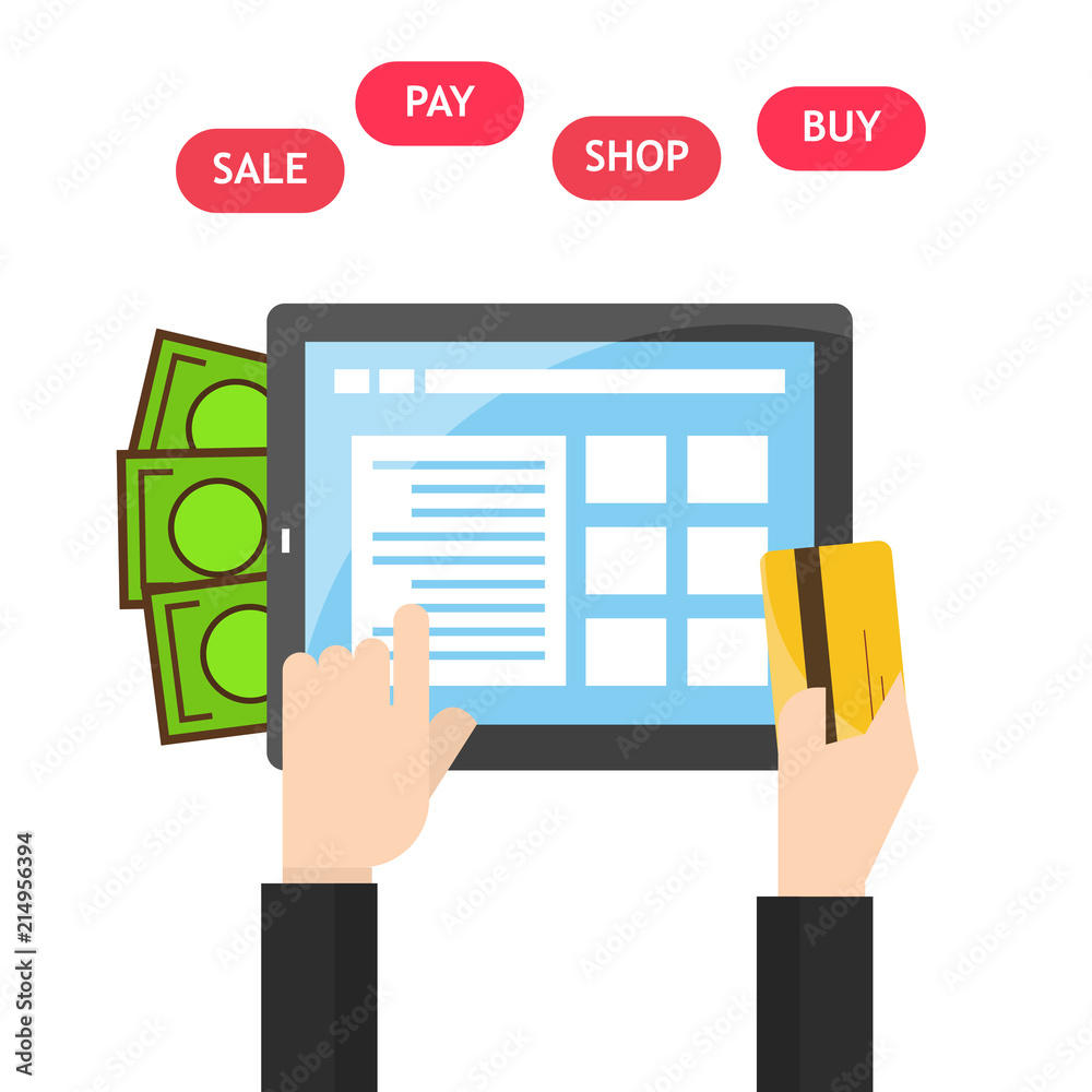 Tablet in hands of a men buying on internet. flat design. Shopping pay on tablet screen. Online shopping concept. Tablet in hands of a men buying on internet. flat design. Shopping pay on tablet screen. Online shopping concept.