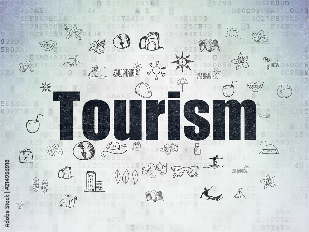 Travel concept: Painted black text Tourism on Digital Data Paper background with  Hand Drawn Vacation Icons