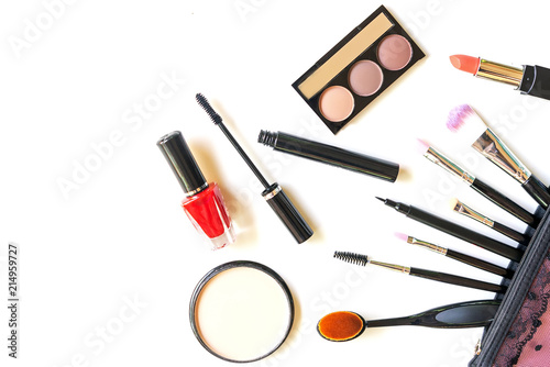 Makeup cosmetics tools and beauty cosmetics, products and facial cosmetics package lipstick, eyeshadow on the back reflect. Lifestyle Concept