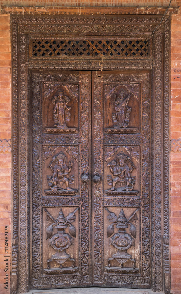 Hindu temple wooden door in Bhaktapur Nepal