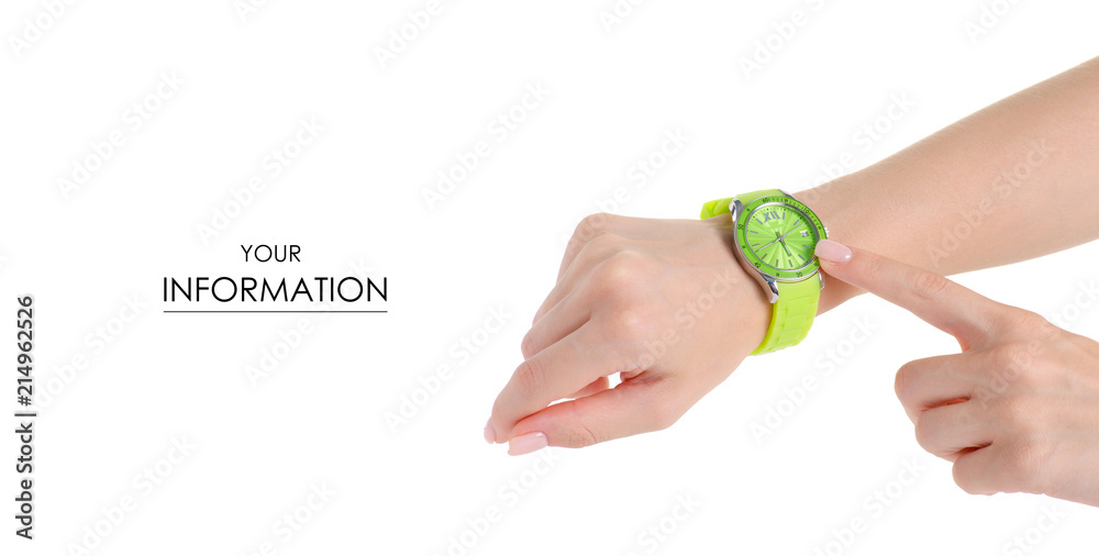 Green clock on a hand pattern on a white background isolation Green clock on a hand pattern on a white background isolation