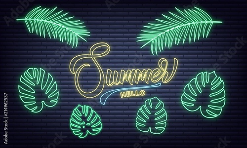 Summer neon set. Summer lettering and neon glowing tropical leaves set