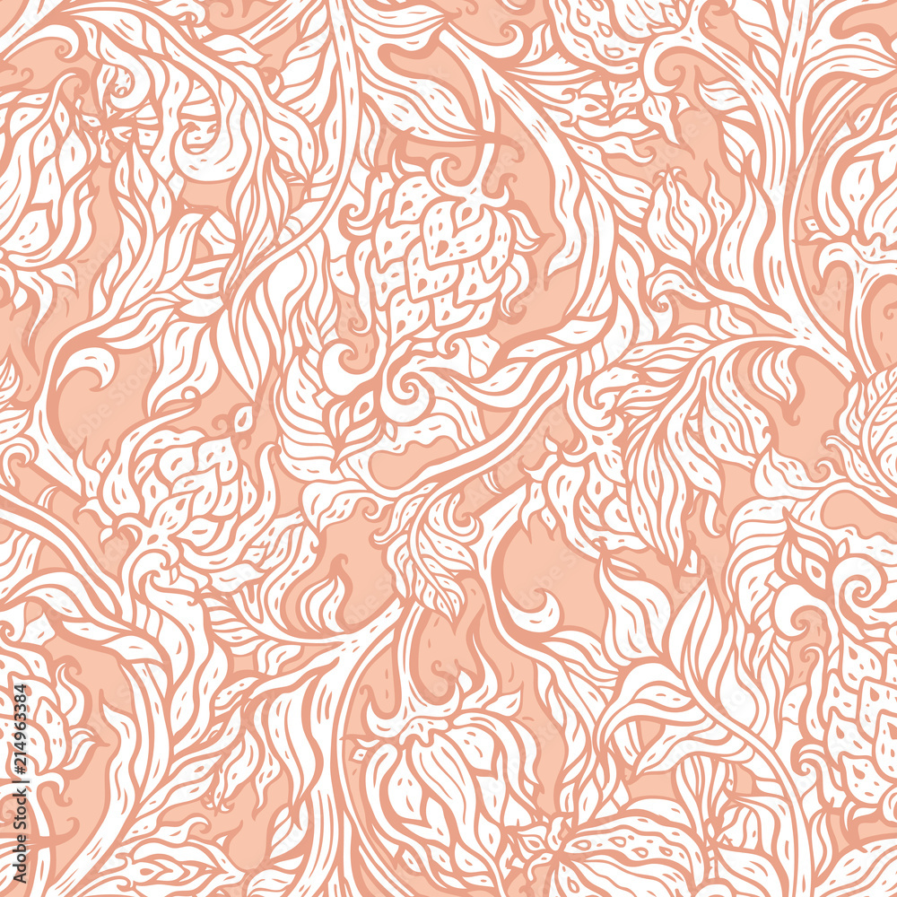 Exotic Garden. Seamless vector background with oriental pattern. Paisley flowers, hand drawn detailed illustration