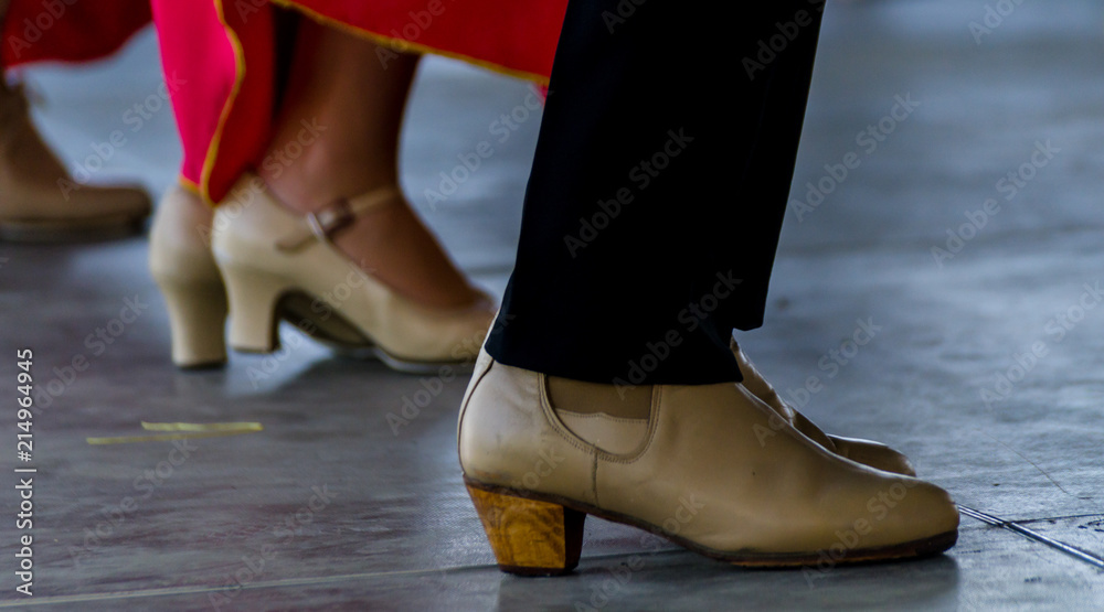 closeup of a typical shoes to the traditional Spanish flamenco dance shoes, leather high heels