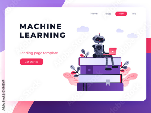 Machine learning algorithm concept with artificial neural network, deep learning. Robot with laptop sitting on stack of books and plants. Vector ultra violet landing page concept.