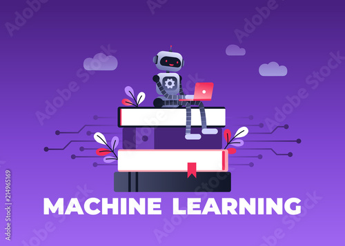 Machine learning algorithm concept with artificial neural network  deep learning. Robot with laptop sitting on stack of books and plants. Vector ultra violet landing page concept.