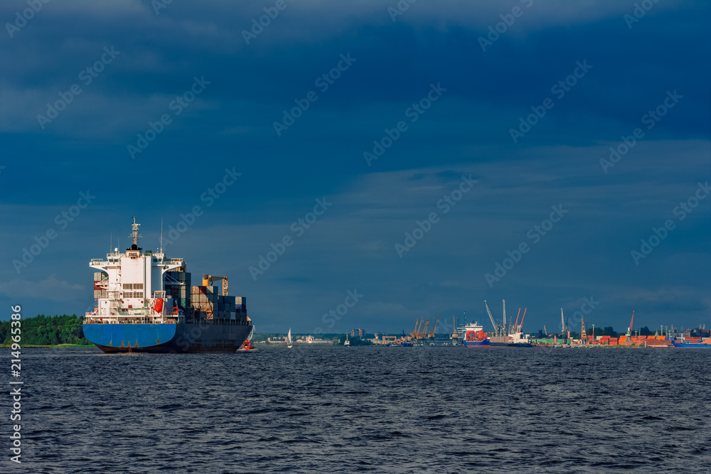 Blue container ship underway Blue container ship underway