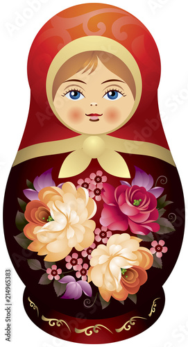 Matryoshka doll with the Zhostovo style flower ornament realistic vector illustration, Russian wood painting handicraft, nested doll, Babushka doll, Russian Souvenir, present, national ornament