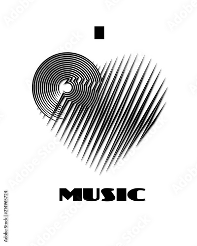 I love music abstract poster monochrome label isolated on white background. CD-disk and heart logo graphic design element. Vector illustration