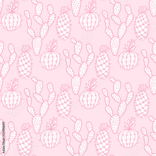 Cute set cactus hand drawing seamless pattern. Vector illustration cacti isolated on pink background.