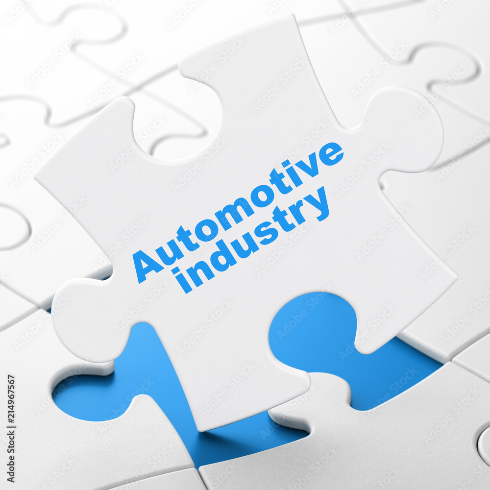 Manufacuring concept: Automotive Industry on White puzzle pieces background, 3D rendering
