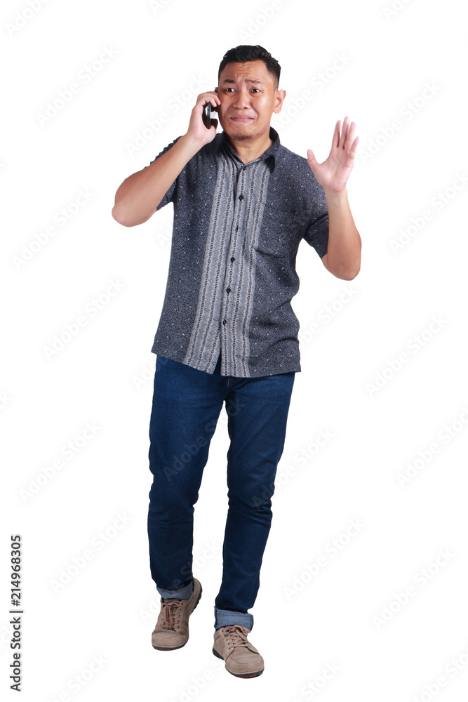 Young Man Talking at Phone, Cried Worried Expression