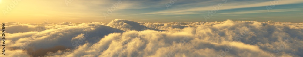 Panorama of the sky with clouds. The sun is above the clouds.
3D rendering
