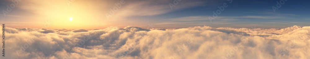 Panorama of the sky with clouds. The sun is above the clouds.
3D rendering
