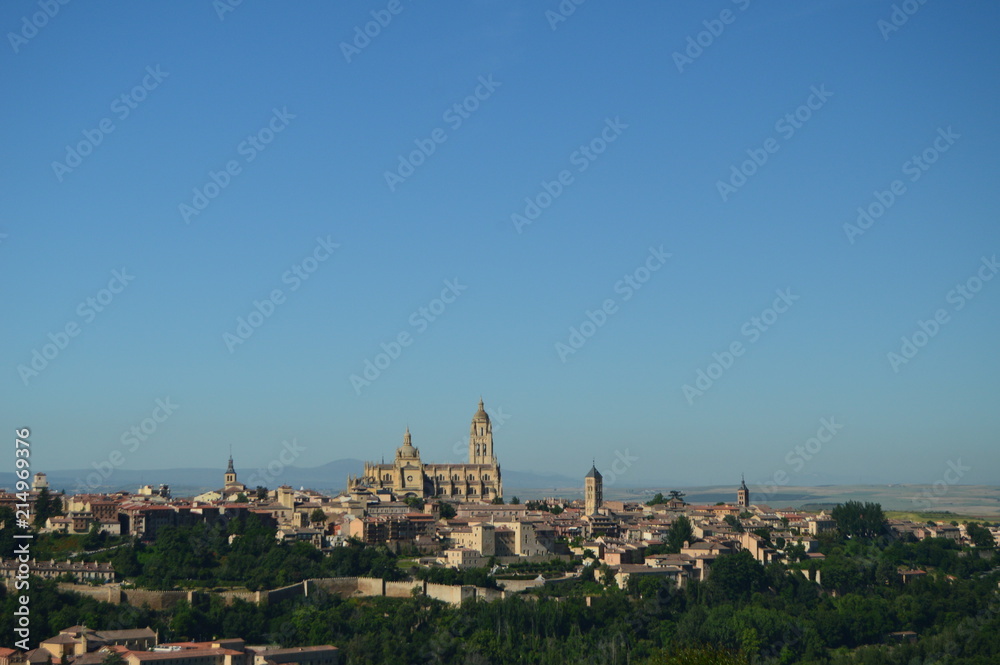 Beautiful Panoramic Photo Of The Center Of Segovia With Its Wall And Majestic Cathedral In Segovia. Architecture, Travel, History. June 18, 2018. Segovia Castilla Leon Spain.