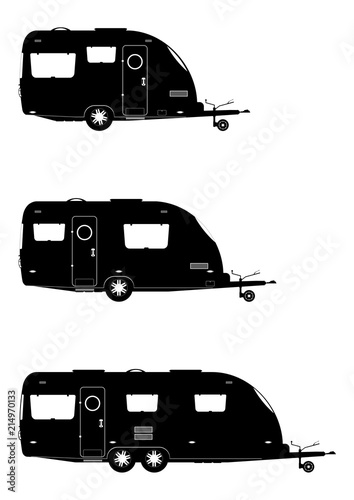 Caravan. Three silhouettes of caravans on a white background. Side view. Flat vector.