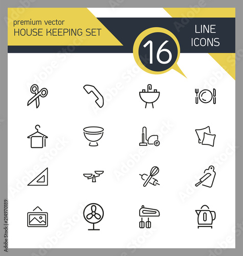 House keeping icons. Set of  line icons. Utensils, domestic appliance, housecleaning. Housekeeping concept. Vector illustration can be used for topics like household, cooking, kitchen.