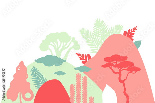 Mountain hilly landscape with tropical plants and trees, palms, succulents. Asian landscape in green, red color. Scandinavian style. Environmental protection, ecology.