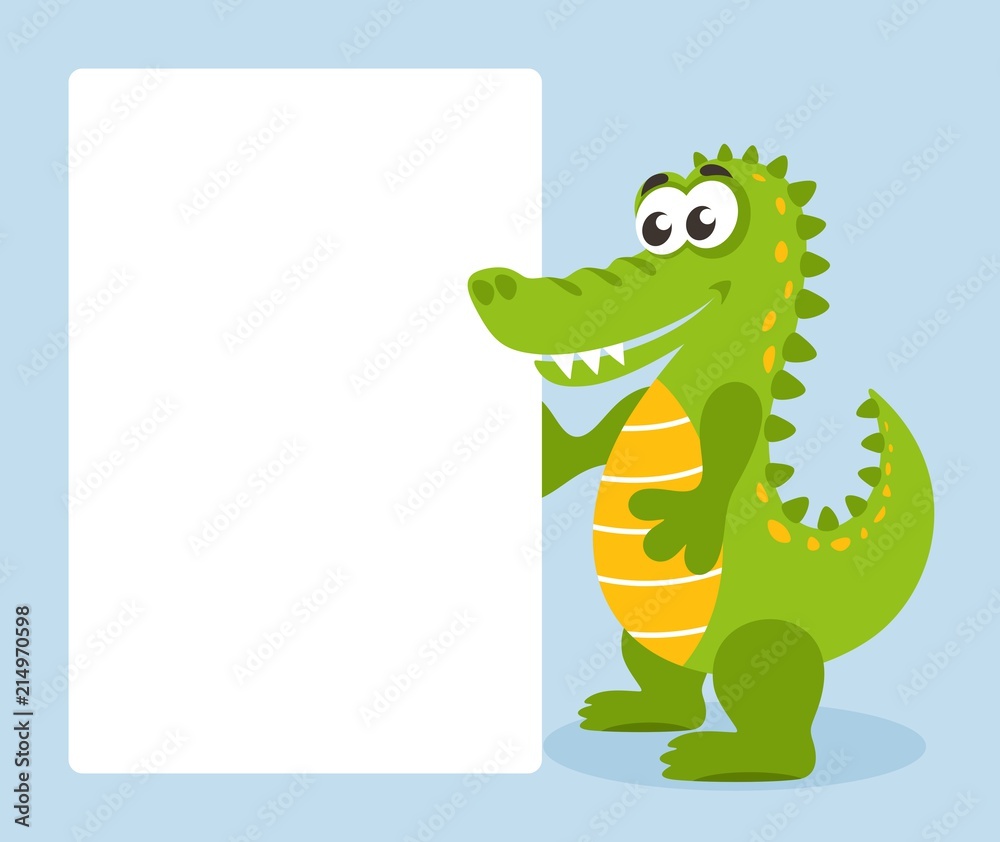 Fototapeta premium Cartoon funny crocodile on a blue background with white board. Alligator with white blank banner. Place your text.