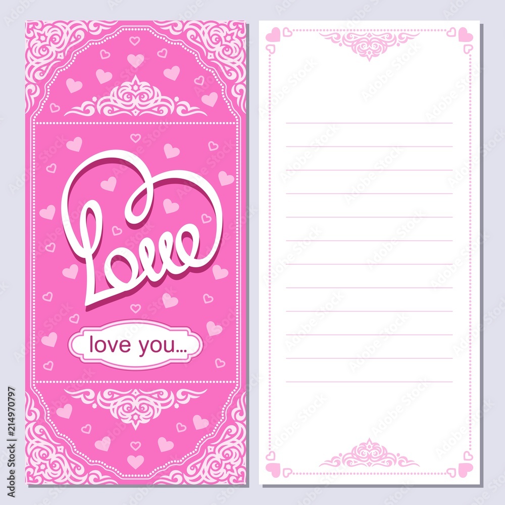 Vertical pink card with heart. Handwritten lettering Love. 