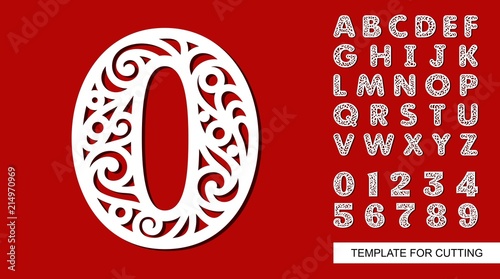 Number zero - 0. Full English alphabet and digits 0, 1, 2, 3, 4, 5, 6, 7, 8, 9. Lace letters and numbers. Template for laser cutting, wood carving, paper cut and printing. Vector illustration.