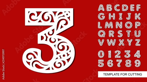 Number three - 3. Full English alphabet and digits 0, 1, 2, 3, 4, 5, 6, 7, 8, 9. Lace letters and numbers. Template for laser cutting, wood carving, paper cut and printing. Vector illustration.