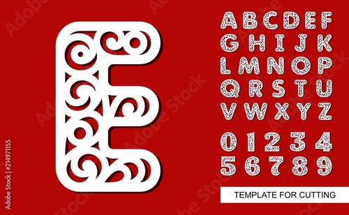 Letter E. Full English alphabet and digits 0, 1, 2, 3, 4, 5, 6, 7, 8, 9. Lace letters and numbers. Template for laser cutting, wood carving, paper cut and printing. Vector illustration.