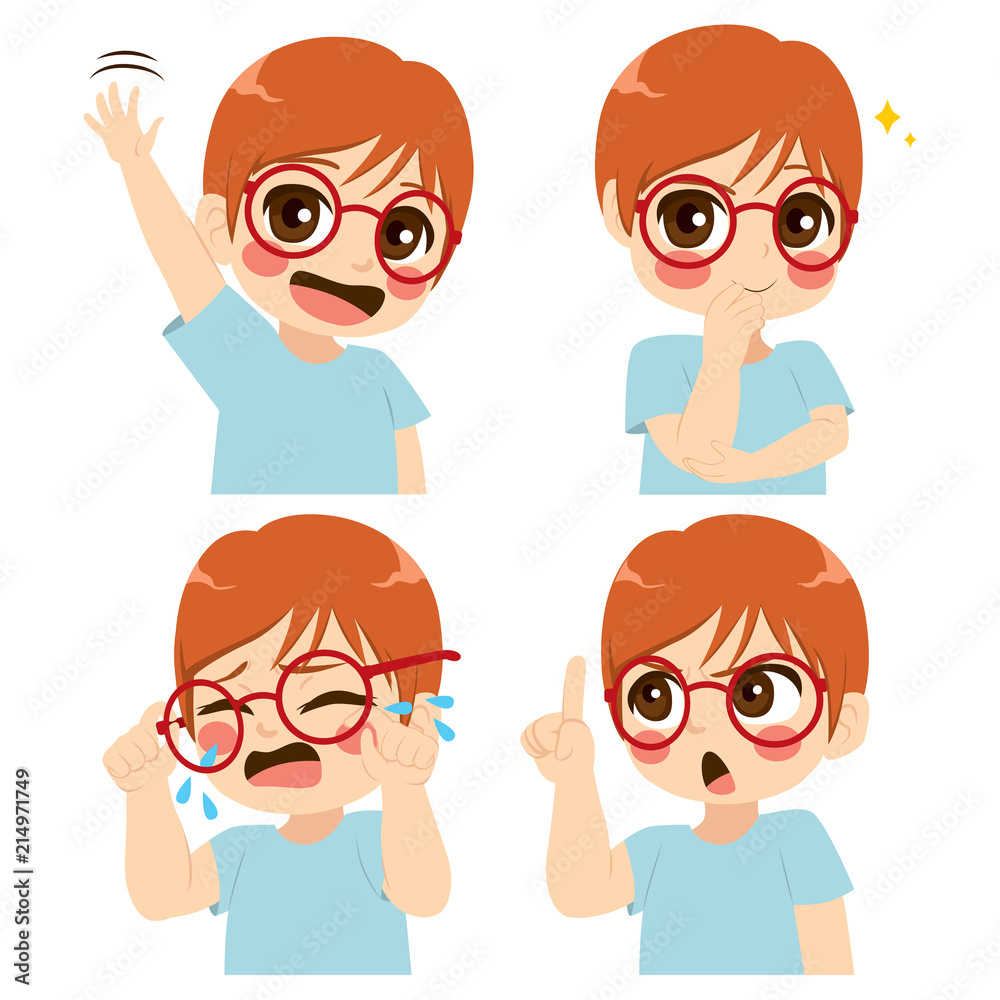 Little cute boy with glasses making different face and gesture expression set collection Little cute boy with glasses making different face and gesture expression set collection