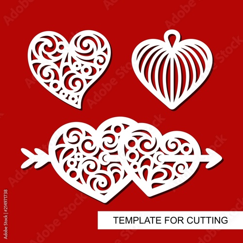 Set of white hearts on red background. Template for laser cutting, wood carving, paper cut and printing.