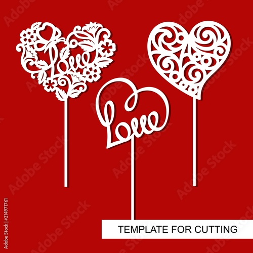 Set of toppers.  Hearts. Decoration for Valentine's Day. Template for laser cutting, wood carving, paper cut and printing.