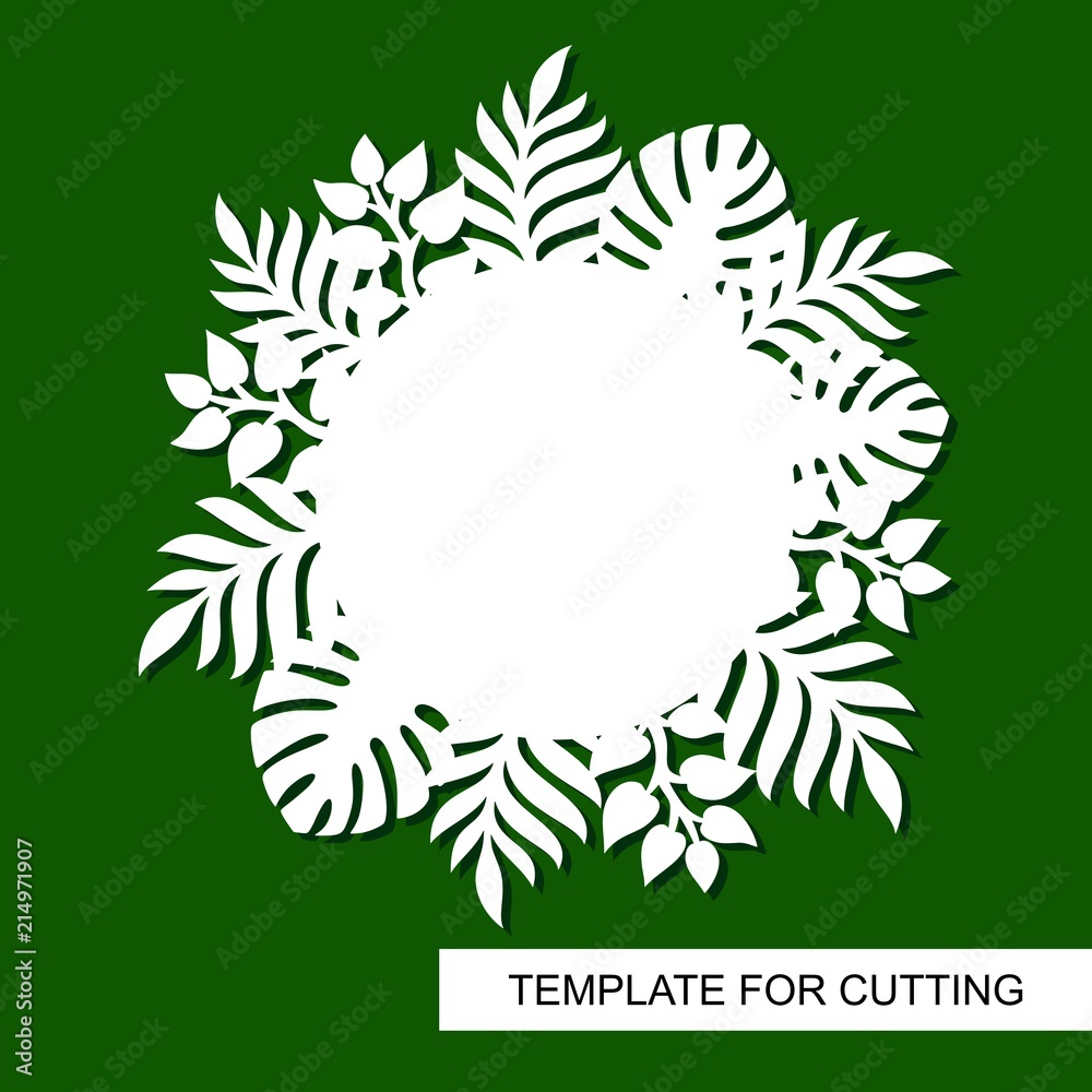 Theme of plants. Silhouettes of tropical palm leaves, monstera, jungle leaves and a white square for text. A template for laser cut, wood carving, paper cutting and printing. Vector illustration.