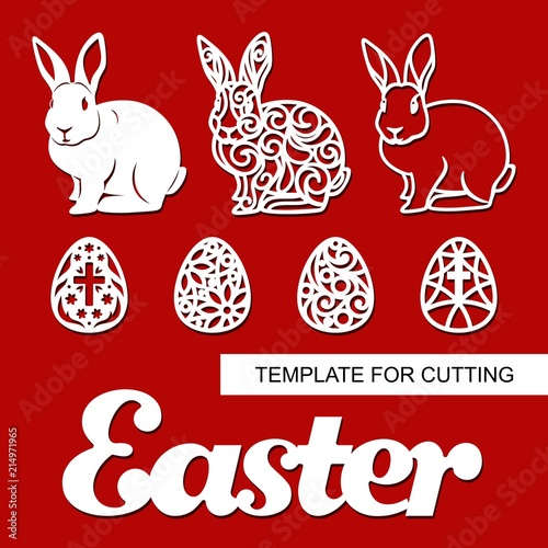 Set of decoration for Easter: rabbit (hare), eggs and word "Easter". Template for laser cutting, wood carving, paper cut and printing. Vector illustration.