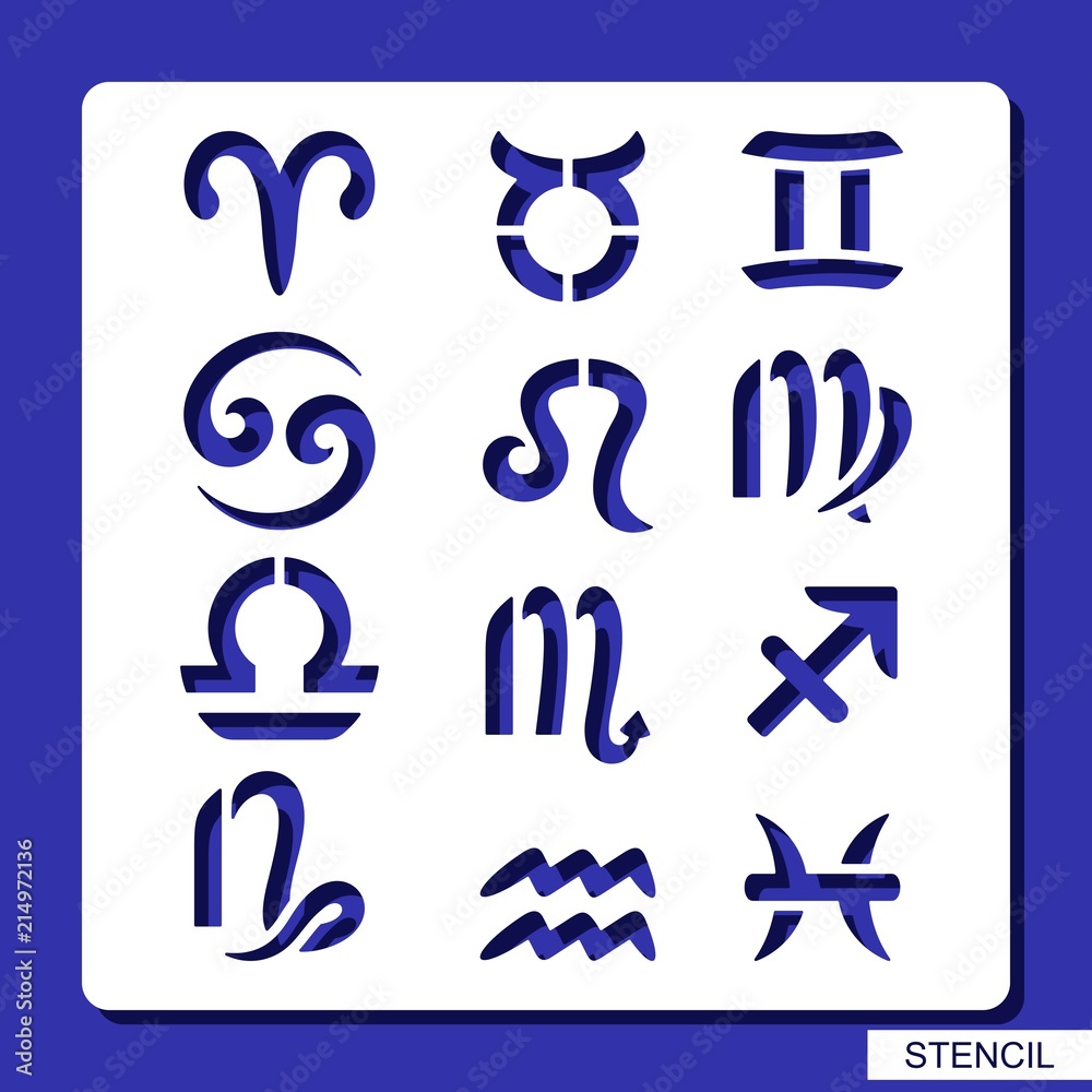 Stencil. Sign of the Zodiac. Aries, Taurus, Leo, Gemini, Virgo, Scorpio, Libra, Aquarius, Sagittarius, Pisces, Capricorn, Cancer. Vector illustration.