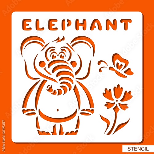 Stencil for children. Elephant, butterfly, flower. Template for laser cutting, wood carving, paper cut and printing. Vector illustration.