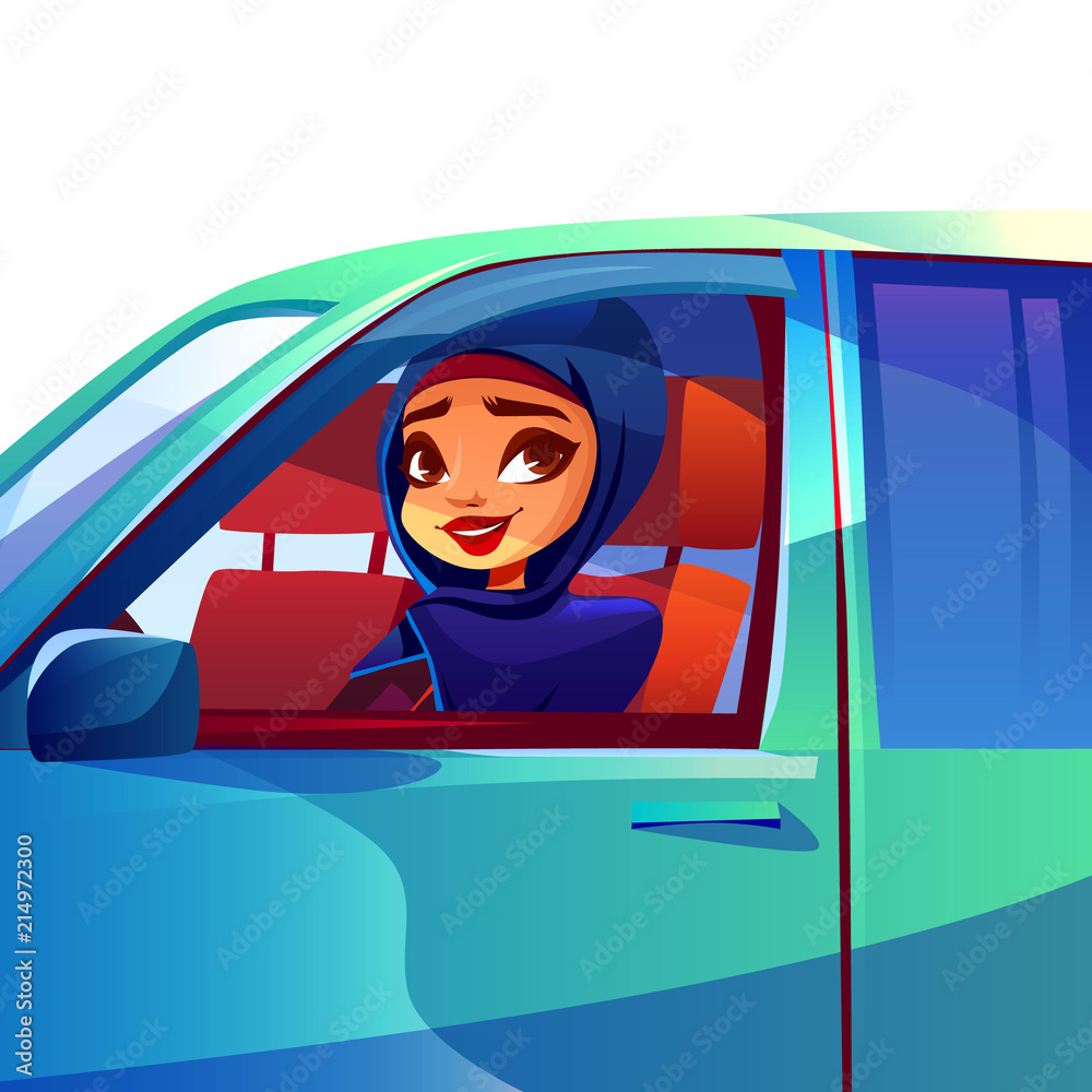 Arab woman driving car vector illustration of modern rich girl in Saudi  Arabia hijab and khaliji looking smiling from automobile window Stock  Vector | Adobe Stock