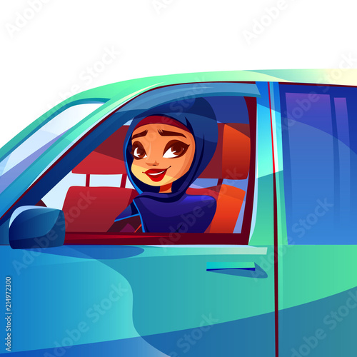 Arab woman driving car vector illustration of modern rich girl in Saudi Arabia hijab and khaliji looking smiling from automobile window