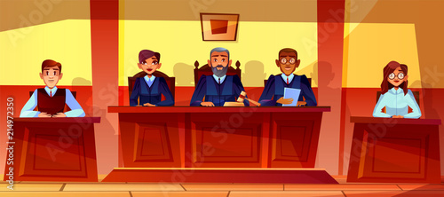 Judges at court hearing vector illustration of courtroom interior background. Prosecutor or advocate man, legal secretary woman or black Afro American assessor in glasses sitting at judge table