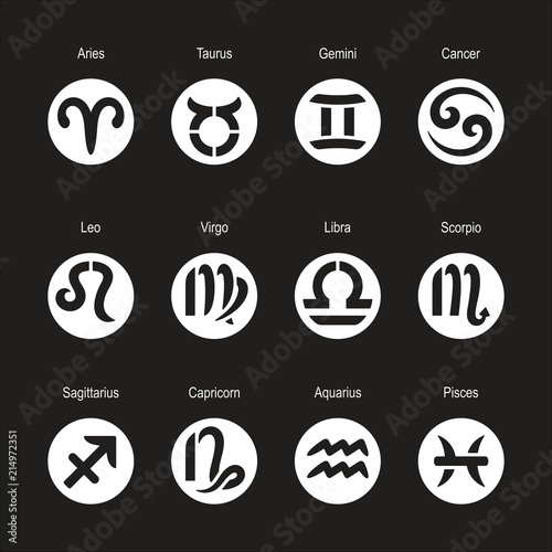 Collection of zodiac signs. Icons of Aries, Taurus, Leo, Gemini, Virgo, Scorpio, Libra, Aquarius, Sagittarius, Pisces, Capricorn, Cancer. Vector illustration.
