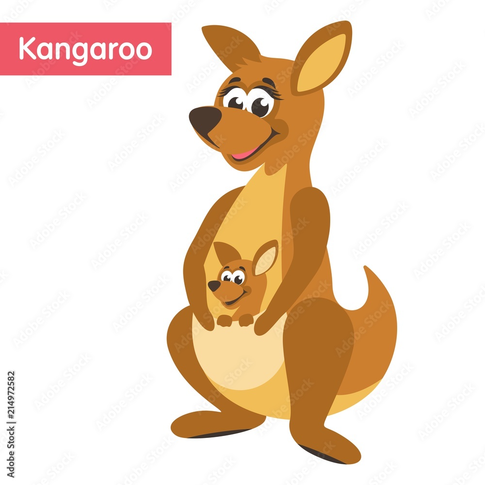 Cute mom kangaroo and kangaroo child in her bag. Cartoon character on a white background. Flat style. Vector illustration. 