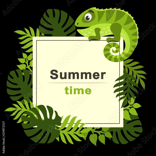 Summer tropical background with palm leaves and cartoon cute iguana. Square frame. Place for text. Theme of plants. Vector floral background.