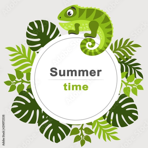 Summer tropical background with palm leaves and cartoon iguana. Round frame. Place for text. Theme of plants. Vector floral background.